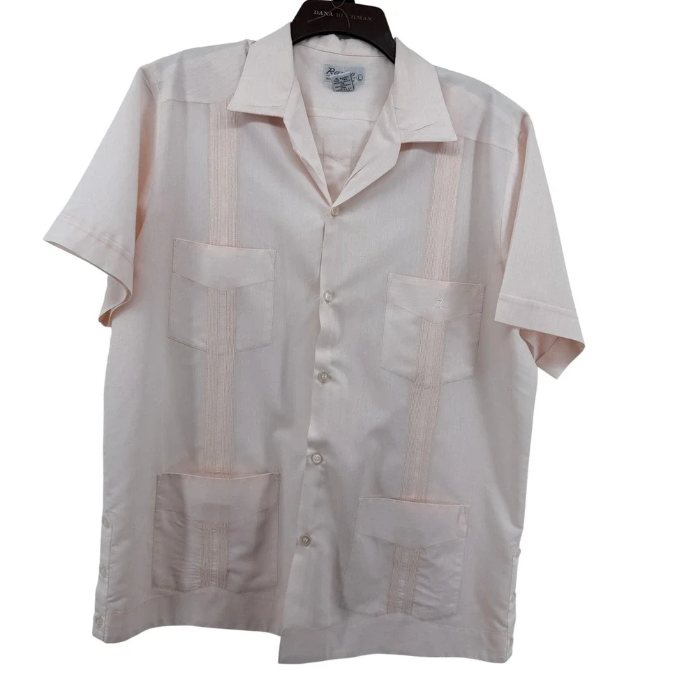 Ravgo Guayabera Shirt Mens Large Pink Poly Cotton Short Sleeve 4 Pocket Coastal